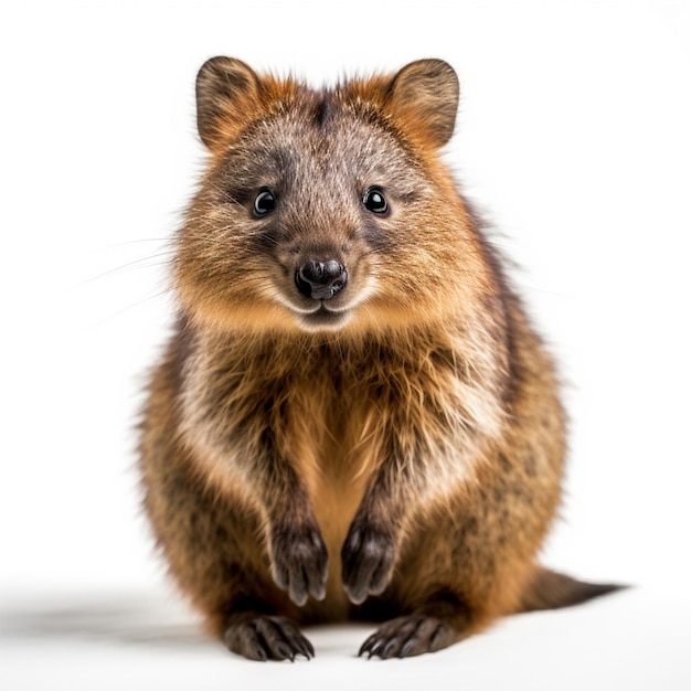 Een bruin quokka-dier met een zwarte neus en een zwarte neus zit op een witte achtergrond