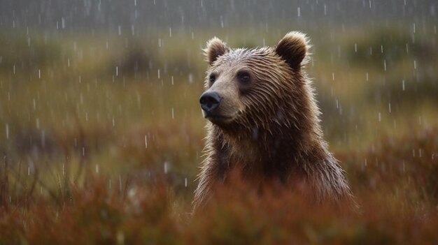 Een bruine beer in de regen in de regen