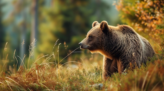 Een bruine beer in een bosweide in de herfst