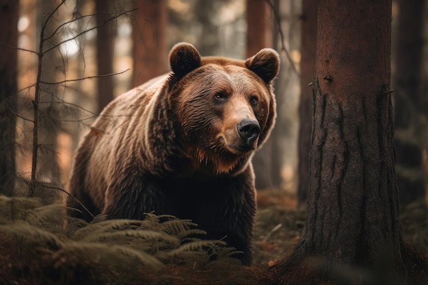 Een bruine beer in het bos Generatieve AI