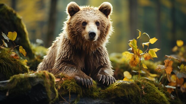 Een bruine beer in het bos Grote Bruine Beer Beer zit op een rots Ursus arctos Generatieve AI