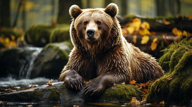 Een bruine beer in het bos Grote Bruine Beer Beer zit op een rots Ursus arctos Generatieve AI