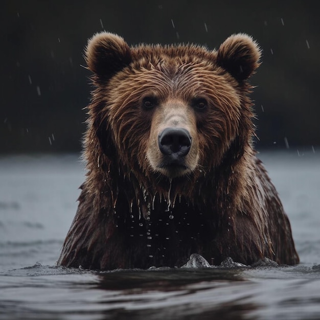 Een bruine beer ligt in het water en het regent.