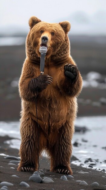 Foto een bruine beer met een microfoon in zijn hand