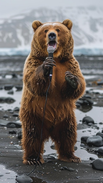 Foto een bruine beer met een microfoon in zijn mond zingt in een microfoon