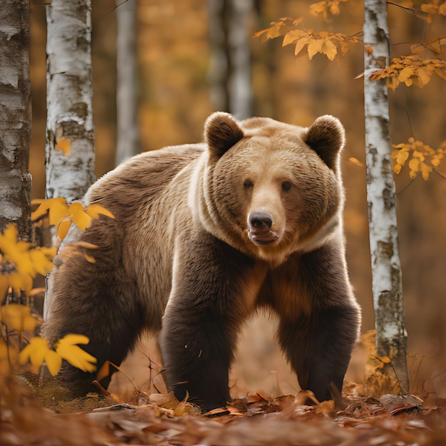 een bruine beer staat in het bos met bomen op de achtergrond