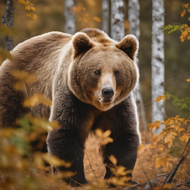 een bruine beer staat in het bos met bomen op de achtergrond