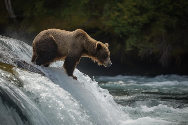 Een bruine beer staat op een rots voor een waterval.