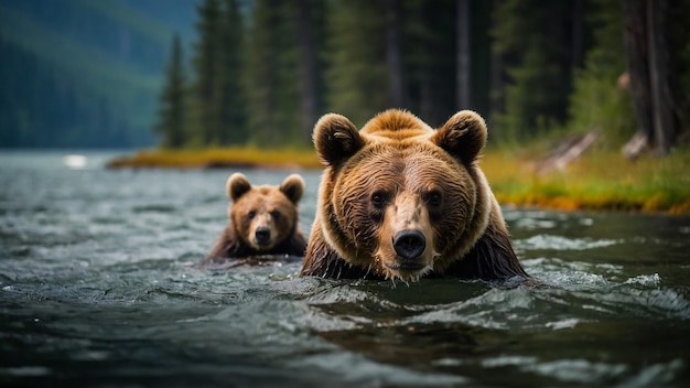 Een bruine beer uit Alaska en twee eenjarige welpen lopen in de Brooksrivier in het Katmai National Park