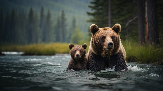 Een bruine beer uit Alaska en twee eenjarige welpen lopen in de Brooksrivier in het Katmai National Park