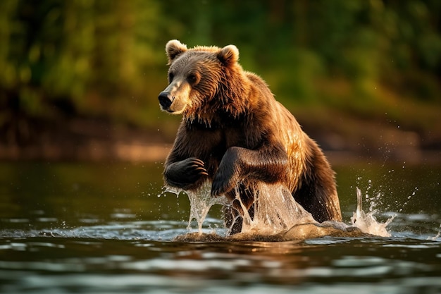 Een bruine beer zwemt in een meer.