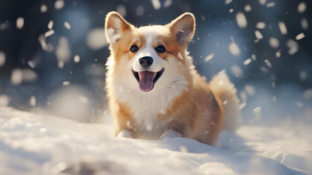 Een bruine en witte hond zit in de sneeuw.