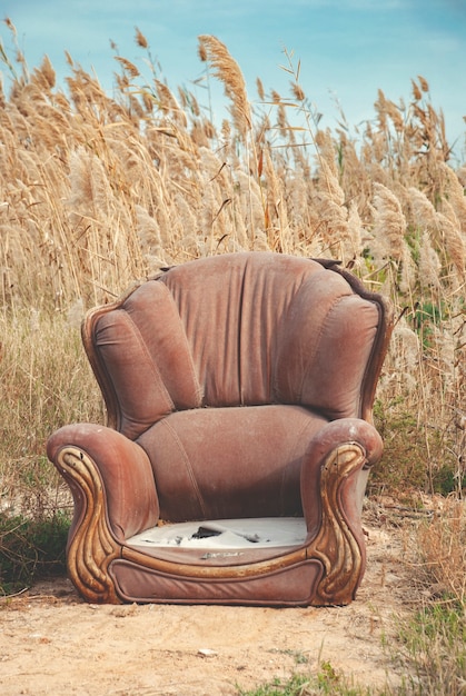 Foto een bruine fauteuil buiten op een achtergrond van riet.