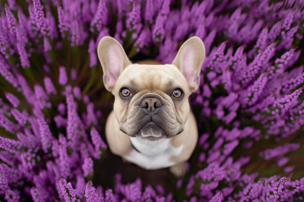 Een bruine Franse bulldog staat in een veld van paarse bloemen.