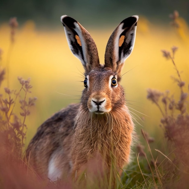 Een bruine haas staat in een veld met hoog gras.