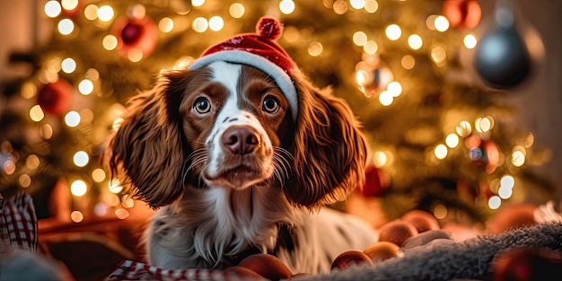 Een bruine hond in een rode kerstmuts op de achtergrond van een kerstboom