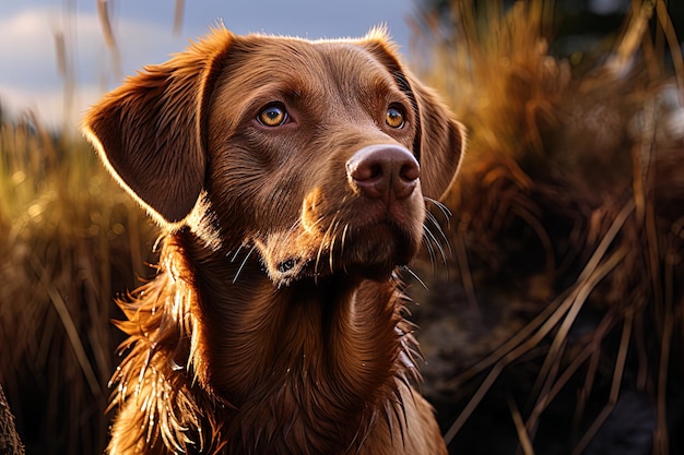 een bruine hond met een bruine kraag en een zwarte hemel achter hem