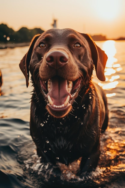 Een bruine hond staat in het water met zijn mond open.