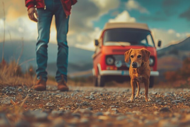 Foto een bruine hond zit aan de zijkant van een weg naast een busje.