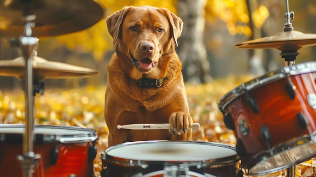 Een bruine hond zit achter een drumstel in het midden van een bos de hond draagt een halsband en heeft een drumstick in zijn mond