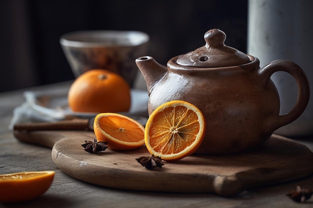 Een bruine keramische theepot met een schijfje sinaasappel erop staat op een houten snijplank.