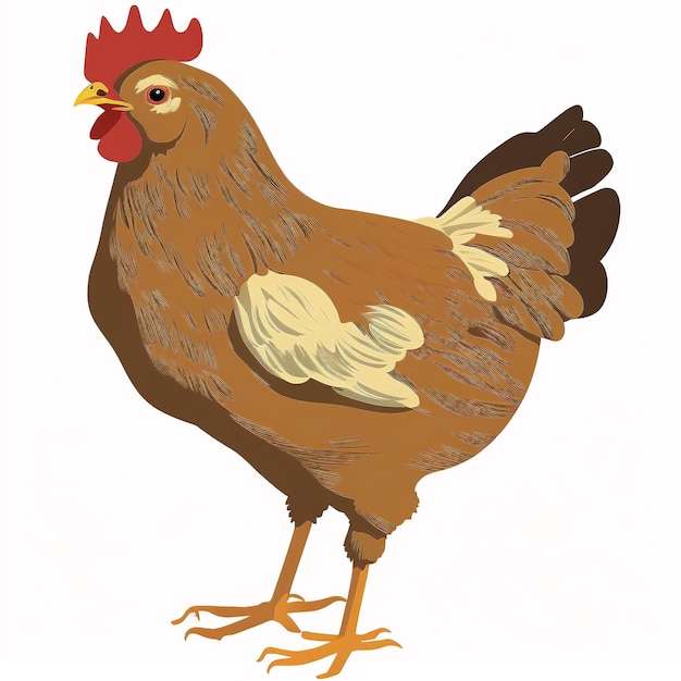 Een bruine kip met een rode kuif op de bodem.