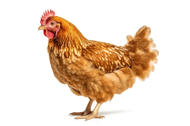Een bruine kip met een rode kuif op zijn kop
