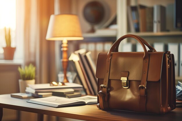 Een bruine leren koffer zit op een houten bureau.