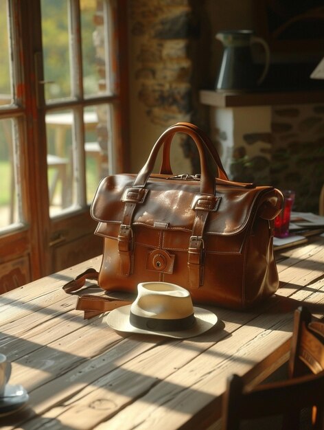 Foto een bruine leren tas zit op een tafel met een beker en een schotel