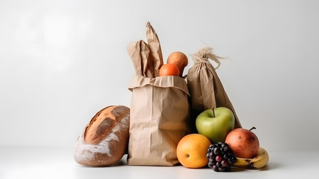 Foto een bruine papieren zak met fruit en brood erop.