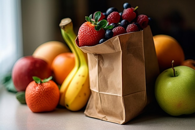 Een bruine papieren zak met fruit erop en een tros bananen op tafel.