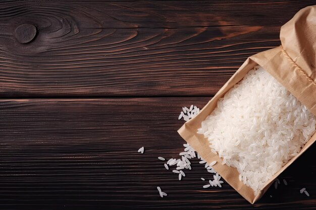 Foto een bruine papieren zak rijst staat op een houten tafel.