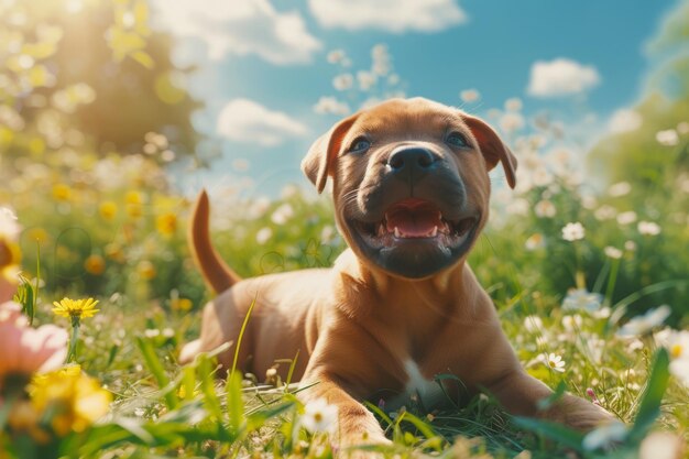 Een bruine puppy die op een zonnige dag in een veld met bloemen speelt.