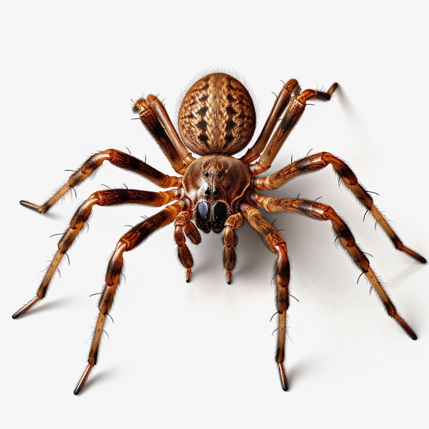 Een bruine spin met een grote zwarte vlek op de rug op een witte achtergrond