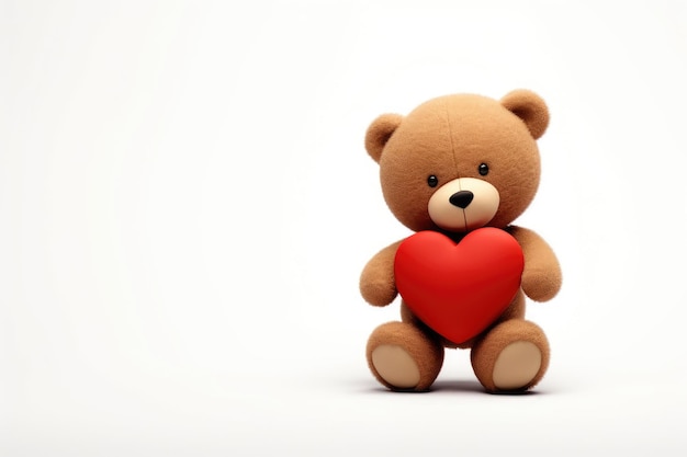 Een bruine teddybeer houdt een rood hart vast als symbool van liefde Valentijnsdag concept Ruimte voor tekst