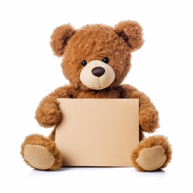 Een bruine teddybeer met een leeg bord