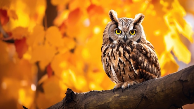 een bruine uil zit op een tak met herfstbladeren op de achtergrond.