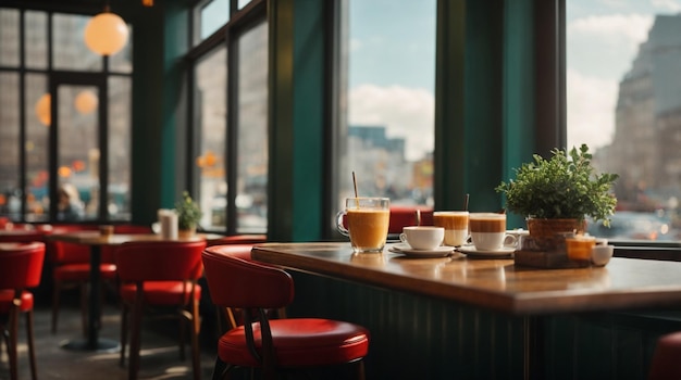 Een bruisend café in het hart van de stad met een stoomende kop koffie.