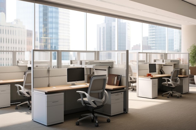 Een bruisend kantoor gevuld met talrijke bureaus en stoelen biedt een ideale omgeving voor efficiënt en gefocust werk Cubicle werkstations in een moderne kantoortoren AI gegenereerd