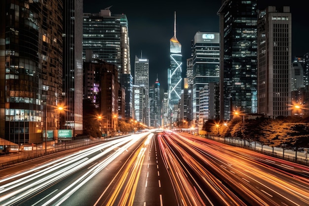 Een bruisend stadsbeeld 's nachts met levendige lichten en torenhoge wolkenkrabbers Generatieve AI