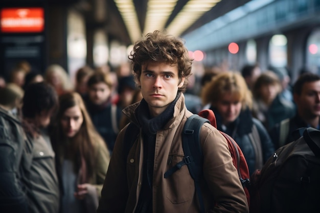 Een bruisend treinstation gevuld met een jonge volwassen man te midden van de gehaaste en bruisende menigte