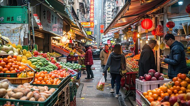 Foto een bruisende aziatische natte markt met kleurrijke en verse producten