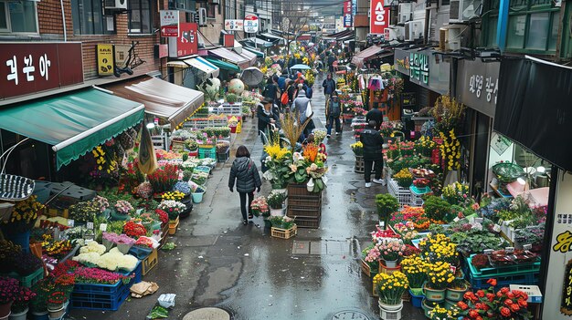 Een bruisende bloemenmarkt met een verscheidenheid aan bloemen en planten Er zijn mensen die rondlopen en winkelen De markt is gelegen in een stad