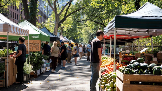 Foto een bruisende buitenmarkt met mensen die door de kraampjes kijken en verse producten kopen