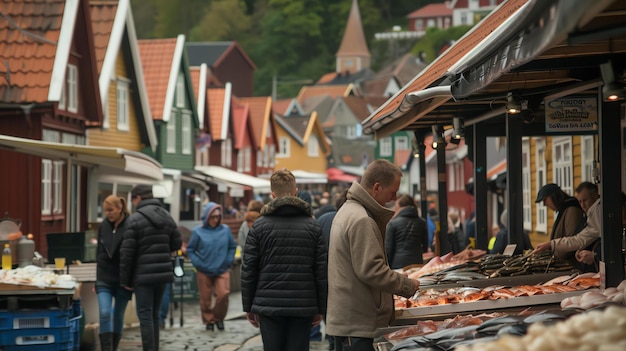 Foto een bruisende buitenmarkt met mensen die vers zeevruchten, kleurrijke paraplu's en andere goederen kopen