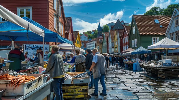 Foto een bruisende buitenmarkt met mensen die verse zeevruchten, kleurrijke paraplu's en een verscheidenheid aan andere goederen verkopen