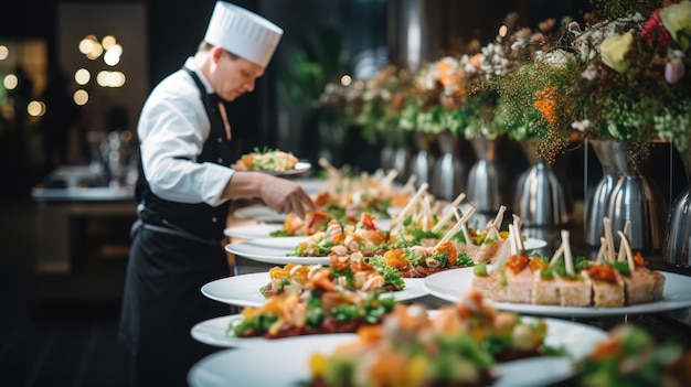 Een bruisende catering evenement met chefs die heerlijke gerechten bereiden in een open keuken