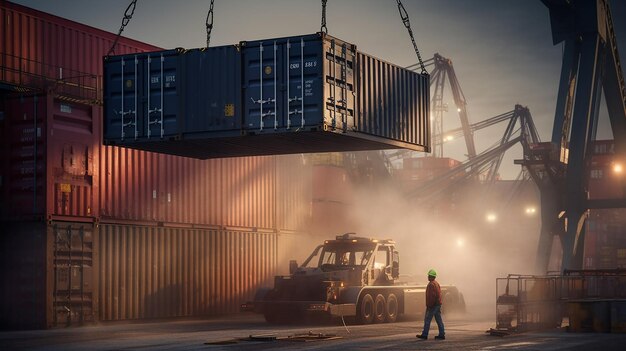 Een bruisende commerciële haven torenhoge kranen vrachtschepen en drukke arbeiders