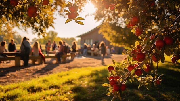 Een bruisende herfst appelboomgaard met gezinnen die verse appels plukken
