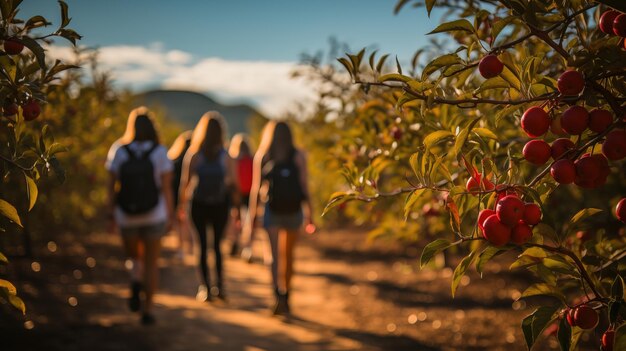 Een bruisende herfst appelboomgaard met gezinnen die verse appels plukken